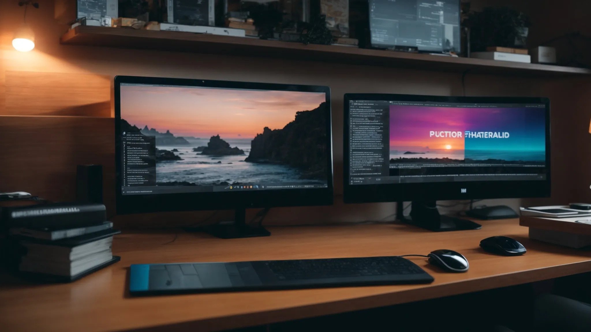 a wide-angle view showcasing a developer's desktop with dual monitors displaying lines of code and a wordpress.org page, surrounded by a vibrant, creativity-inspiring workspace.