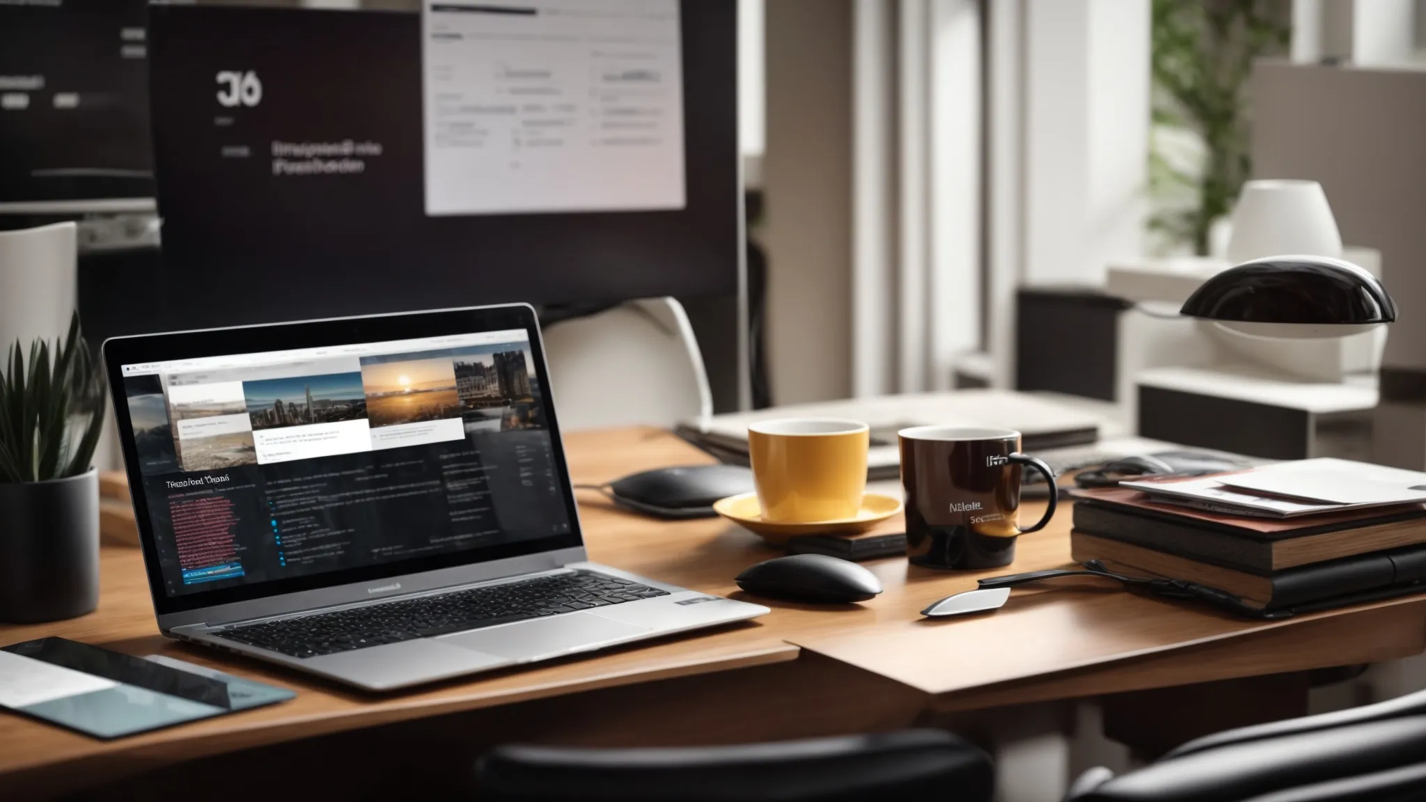 a sleek computer desk setup with an open laptop displaying a vibrant email dashboard, surrounded by marketing strategy notes and a digital marketing ebook.