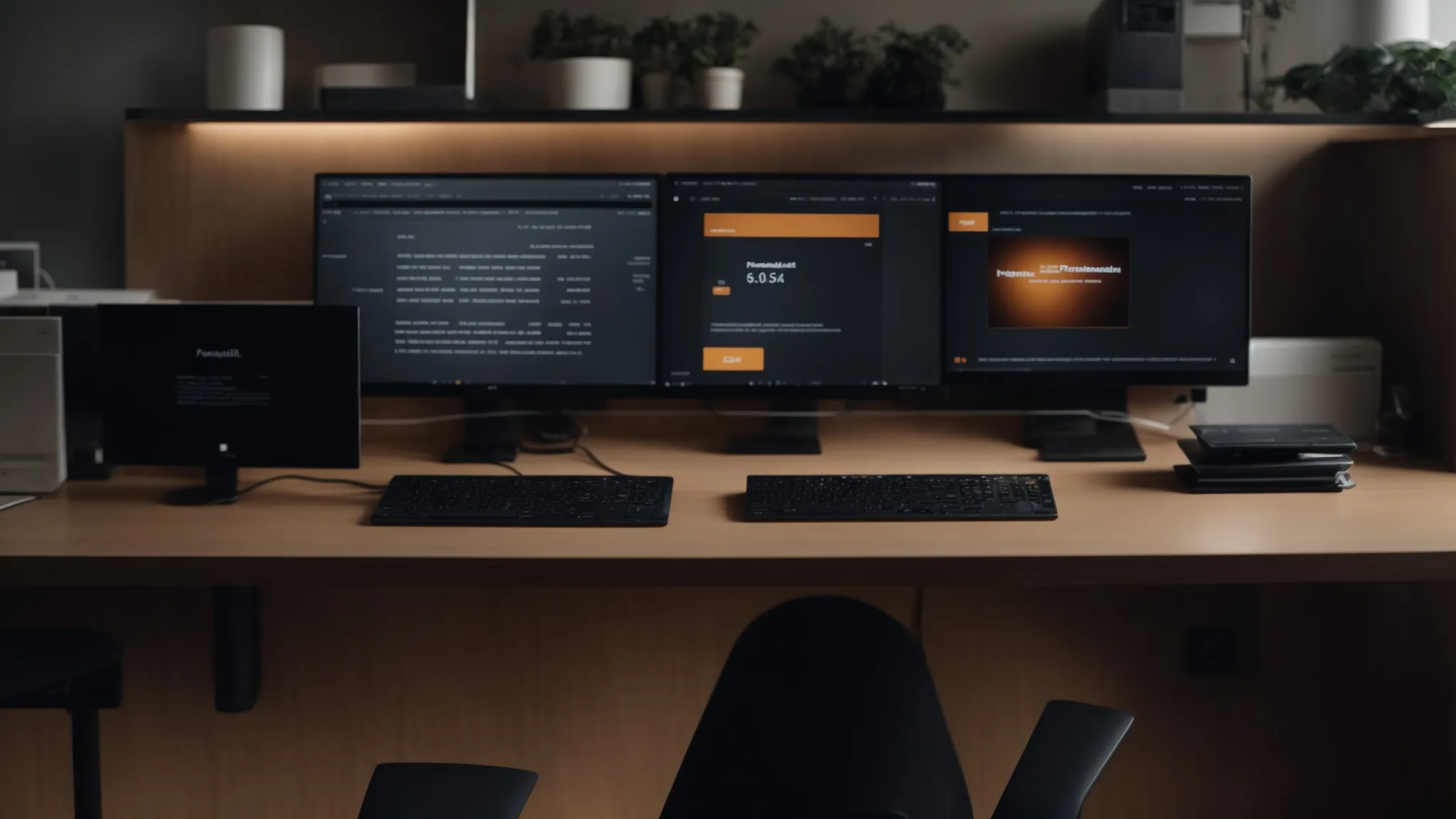 a person sits at a desk with two computers, one displaying a simple payment button and the other complex ecommerce settings.