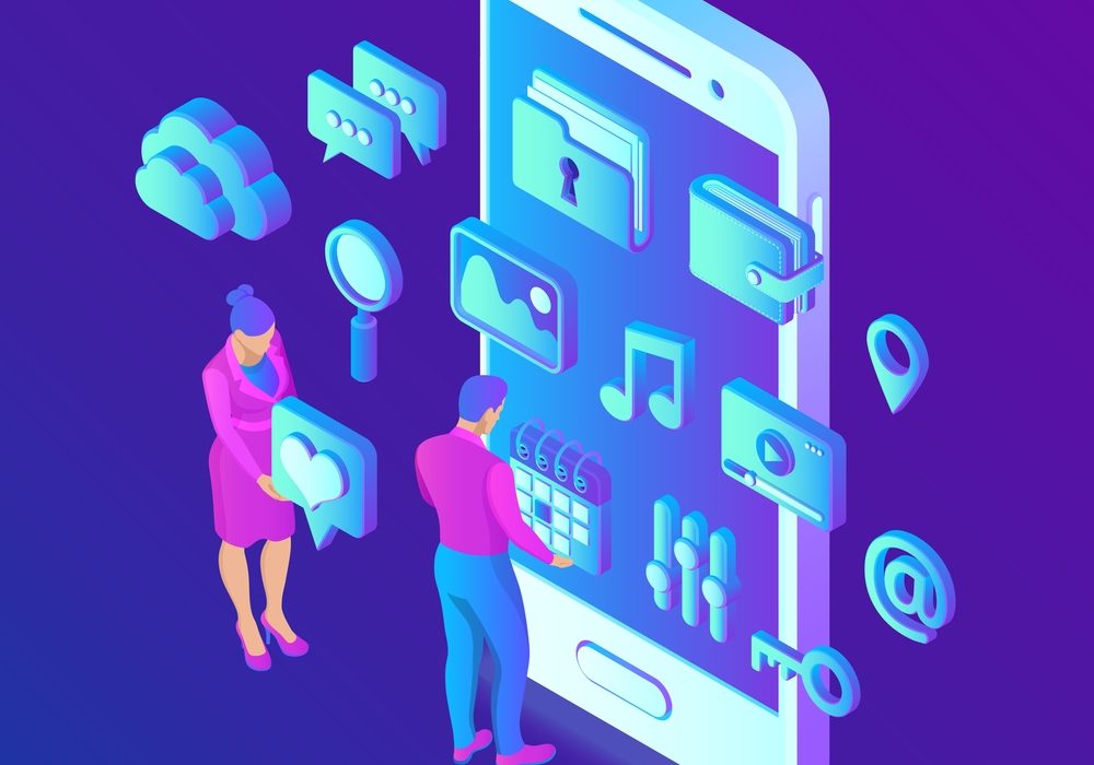 Social media apps on a smartphone. Social media 3d isometric icons. Mobile apps. Created For Mobile, Web, Decor, Application. Vector illustration infographic template with people and icons